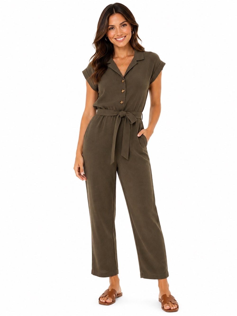 No Boundaries Olive Green Short-Sleeve Tie-Waist Jumpsuit